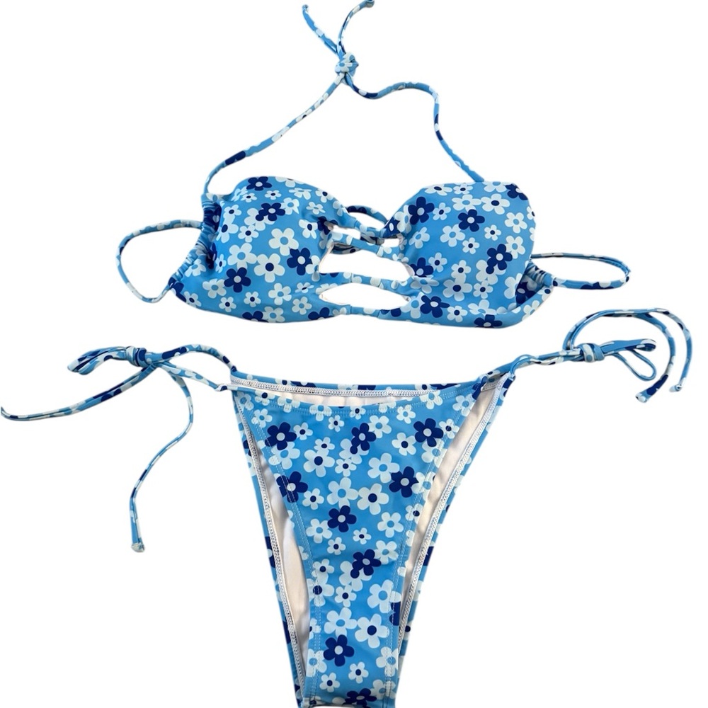 SHEIN Women’s Floral Bikini Low Waist Cut Out Tie Side Color Blue Size Medium